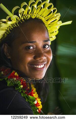 Stock Photo - Young Kiribati woman in traditional dress; Kiribati Islands. Fotosearch