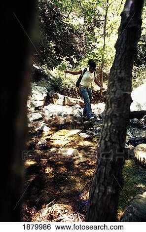 Stock Photograph - Young Woman Hiking Through Woods At Kaledonian Falls In Troodos Mountains. Fotosearch