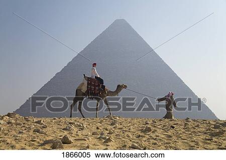 Stock Photography - Young Woman Tourist Riding A Camel Lead By A Guide At The Pyramids Of Giza; Cairo, Egypt, Africa. Fotosearch