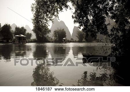 Stock Photo - Yulong River, Yangshuo, China; Black And White Scenic Of River. Fotosearch