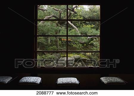 Zen Temple Garden Seen Through A Window With A Row Of Seat Cushions In Front; Kyoto, Japan View Large Photo Image Stock Photo - Zen Temple Garden Seen Through A Window With A Row Of Seat Cushions In Front; Kyoto, Japan. Fotosearch