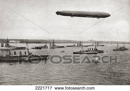 Stock Photo - Zeppelin Over Warships In The Kiel Canal, Germany During World War I. From The Year 1914 Illustrated.. Fotosearch