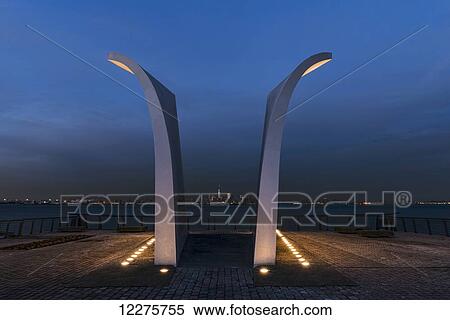 Stock Photography - 9/11 Postcards memorial at twilight, North Shore Esplanade; Staten Island, New York, United States of America. Fotosearch