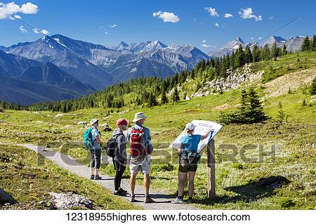A group of hikers viewing a interpretive sign along a meadow trail with mountain range in the distance and blue sky and clouds; Banff, Alberta, Canada View Large Photo Image Stock Photograph - A group of hikers viewing a interpretive sign along a meadow trail with mountain range in the distance and blue sky and clouds; Banff, Alberta, Canada. Fotosearch