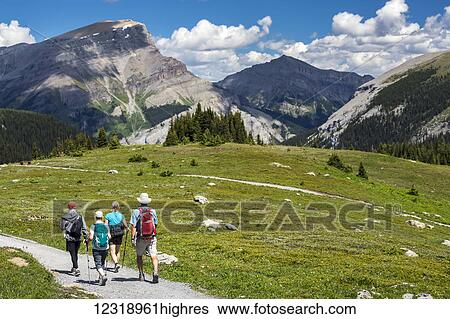 Stock Photograph - A group of hikers walking along a meadow trail with mountain ranges in the distance and blue sky and clouds; Banff, Alberta, Canada. Fotosearch