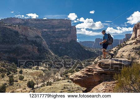 Stock Photograph - A male hiker enjoys a sunny view of the Colorado National Monument; Colorado, United States of America. Fotosearch