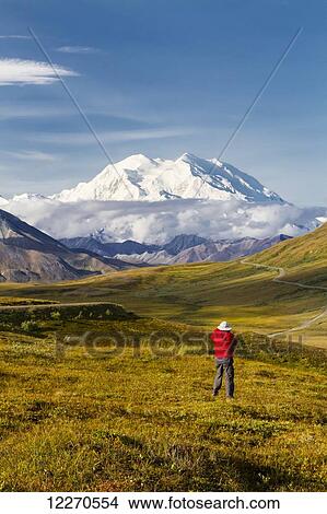 Picture - A male tourist photographs Mt. McKinley and Thorofare Pass from Stony Dome in Denali National Park, Interior Alaska, USA.. Fotosearch