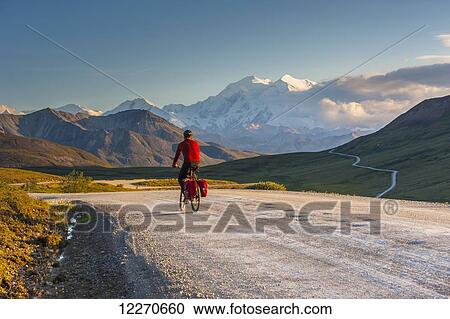 Stock Image - A man bicycle touring in Denali National Park with Mt. McKinley in the background, Interior Alaska, Summer. Fotosearch