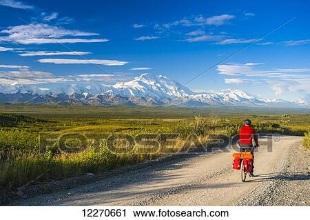 Stock Image - A man bicycle touring in Denali National Park with Mt. McKinley in the background, Interior Alaska, Summer. Fotosearch