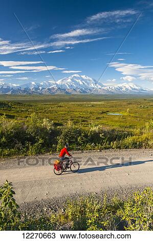Stock Image - A man bicycle touring in Denali National Park with Mt. McKinley in the background, Interior Alaska, Summer. Fotosearch