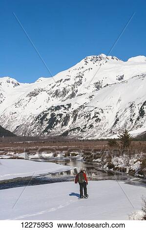 Stock Image - A man snowshoeing in Bear Valley on a sunny winter day in the Chugach State Park, Southcentral Alaska. Fotosearch