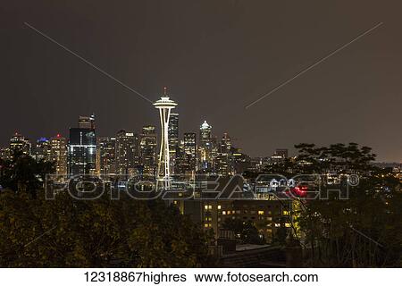 A night shot of the Seattle Skyline from Queen Anne Hill with the iconic Space Needle; Seattle, Washington, United States of America View Large Photo Image Stock Photograph - A night shot of the Seattle Skyline from Queen Anne Hill with the iconic Space Needle; Seattle, Washington, United States of America. Fotosearch