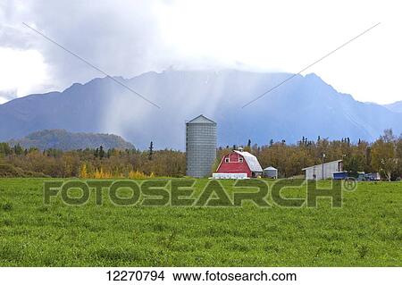 Picture - A red rustic barn on a historical farm in Palmer Alaska located in the Matanuska-Susitna Valley, Southcentral Alaska, Autumn. Fotosearch