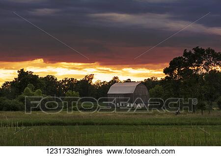 Stock Photograph - A red sunset sky forms a colourful background to a grey farm building; Ontario, Canada. Fotosearch