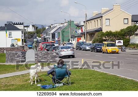 Picture - A woman sits on grass in a lawn chair with a goat in an urban area; Waterville, County Kerry, Ireland. Fotosearch