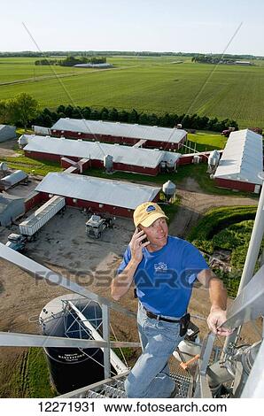 A young farmer talks on his cell phone atop a grain bin with a farmstead and fields in the background, near Northrop; Minnesota, United States of America View Large Photo Image Stock Image - A young farmer talks on his cell phone atop a grain bin with a farmstead and fields in the background, near Northrop; Minnesota, United States of America. Fotosearch
