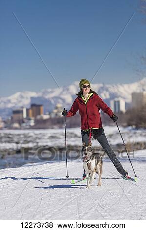 Stock Photo - A young woman skijors with her Alaska Husky sled dog down the Tony Knowles Coastal Trail, Anchorage, Southcentral Alaska, USA.. Fotosearch