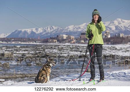 Stock Image - A young woman stops and talks on a cell phone while she skijors with her Alaska Husky sled dog down the Tony Knowles Coastal Trail, Anchorage, Southcentral Alaska, USA.. Fotosearch