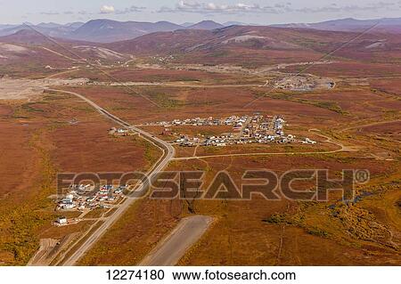 Stock Image - Aerial view of subdivisions in Nome and the colorful surrounding tundra, Arctic Alaska, USA, Autumn. Fotosearch