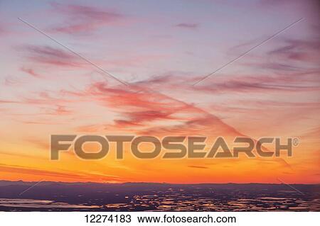 Stock Image - Aerial view of sunset over the wetlands of the Selawik National Wildlife Refuge, Kotzebue, Arctic Alaska, USA, Fall. Fotosearch