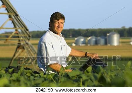 Stock Image - Agriculture - A farmer enters crop data into his laptop computer while standing in his mid growth soybean field, with a center pivot irrigation system, corn crop and grain bins in the background / near Hoffman, Minnesota, USA.. Fotosearch
