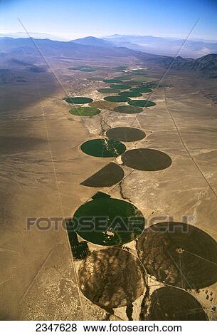Agriculture - Aerial view of center pivot irrigated circular agricultural fields in a desert setting / near Dyer, Nevada, USA. View Large Photo Image Stock Photo - Agriculture - Aerial view of center pivot irrigated circular agricultural fields in a desert setting / near Dyer, Nevada, USA.. Fotosearch