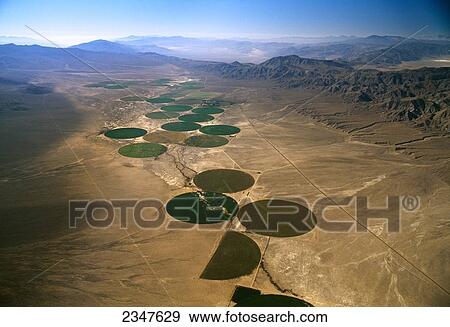 Agriculture - Aerial view of center pivot irrigated circular agricultural fields in a desert setting / near Dyer, Nevada, USA. View Large Photo Image Stock Photo - Agriculture - Aerial view of center pivot irrigated circular agricultural fields in a desert setting / near Dyer, Nevada, USA.. Fotosearch