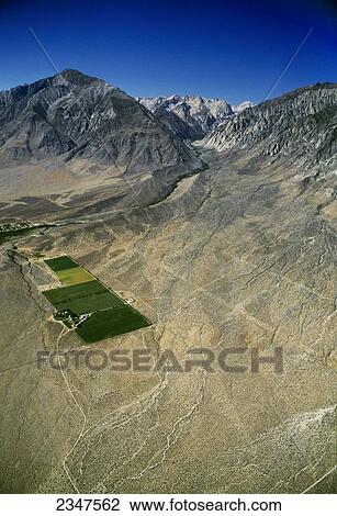 Stock Image - Agriculture - Aerial view of cultivated farmland in the high desert on the eastern slope of the Sierra Nevada along Pine Creek, Mt. Tom above / near Bishop, Inyo County, California, USA.. Fotosearch