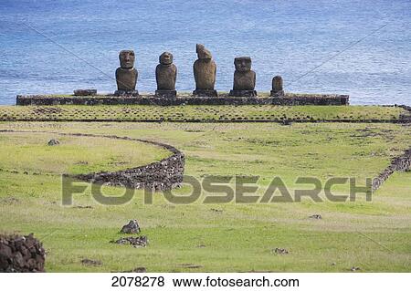 Stock Photo - Ahu Vai Ure At The Tahai Ceremonial Complex Tahai, Restored By Mulloy And Ayres. Rapa Nui (Easter Island), Chile. Fotosearch