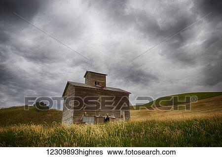 Stock Photograph - An old wooden barn in a field of rolling hills under storm clouds; Palouse, Washington, United States of America. Fotosearch