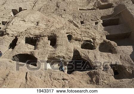 Stock Photo - Archaeological Teams Working On The Restoration Of The Cliffs At Bamiyan, Bamian Province, Afghanistan. Fotosearch