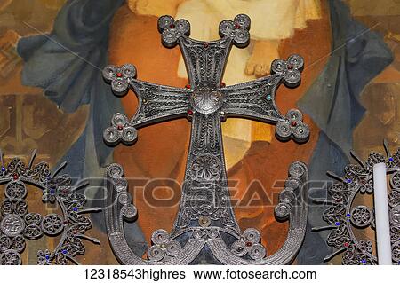 Stock Photograph - Armenian cross in the Church of the Holy Mother of God (Surb Astvatzatzin) at Khor Virap Monastery; Ararat Province, Armenia. Fotosearch