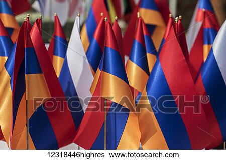 Stock Photograph - Armenian flags for sale at the Vernissage Market; Yerevan, Armenia. Fotosearch