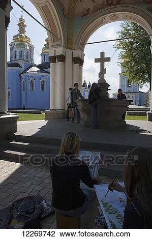 Stock Image - Art class on the grounds of St Michael's Monastery; Kiev, Ukraine. Fotosearch