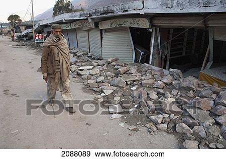 Stock Photo - Bazaar Destroyed By The 8 October 2005 Earthquake, Chakothi, Azad Kashmir, Pakistan. Fotosearch