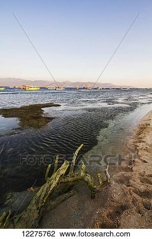 Stock Image - Beach with boats in the Lombok Strait with Lombok island in the background, Gili Trawangan, West Nusa Tenggara, Indonesia. Fotosearch