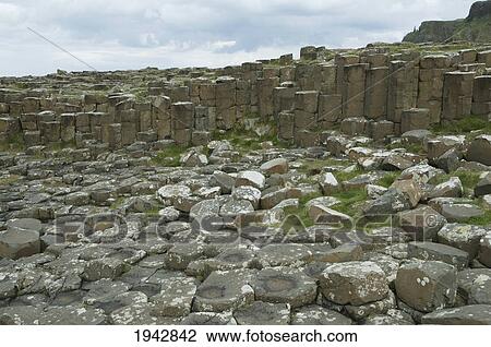 Stock Image - Black Basalt Columns Sticking Out Of The Sea, Giant's Causeway, Northern Ireland, United Kingdom. Fotosearch