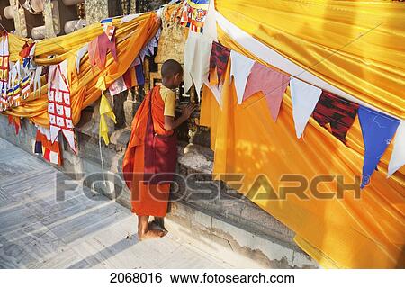 Stock Photograph - Boy Monk Paying His Respects To The Bodhi Tree, Mahabodi Temple, Bodhgaya, Bihar, India. Fotosearch