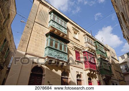 Building With Enclosed Balconies, Vittoriosa (Birgu), Malta View Large Photo Image Picture - Building With Enclosed Balconies, Vittoriosa (Birgu), Malta. Fotosearch