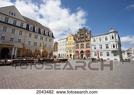 Stock Image - Buildings By Alter Markt (Old Market Square), Including The Brick Gothic Wulflamhaus, Stralsund, Germany. Fotosearch