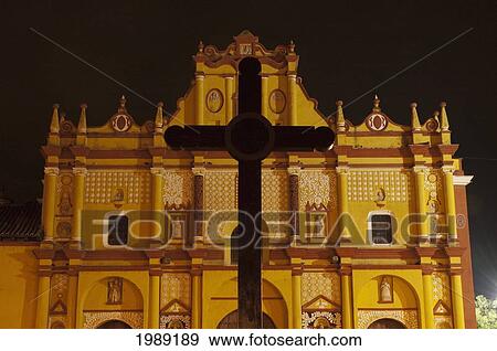 Stock Photo - Cathedral And Cross On Cathedral Square, San Cristobal De Las Casas, Chiapas, Mexico. Fotosearch