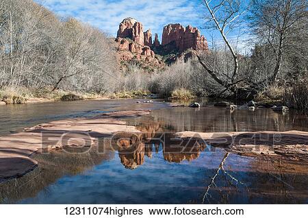 Stock Photograph - Cathedral rock reflection; Sedona, Arizona, United States of America. Fotosearch