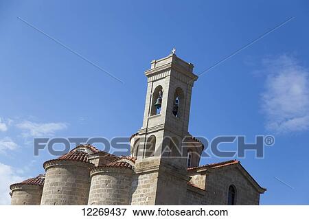 Stock Photo - Church building with bell tower; Paphos, Cyprus. Fotosearch