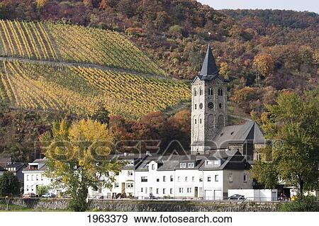 Stock Photo - Church In Wellmich-Ehrenthal, As Seen From The Rhine River, Rhineland-Palatinate, Germany. Fotosearch