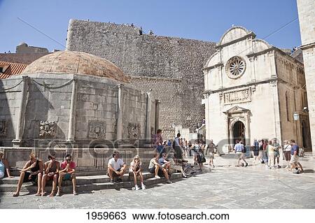 Stock Image - Church Of St. Savior And Big Onofrio's Fountain, Dubrovnik, Dubrovnik-Neretva, Croatia. Fotosearch