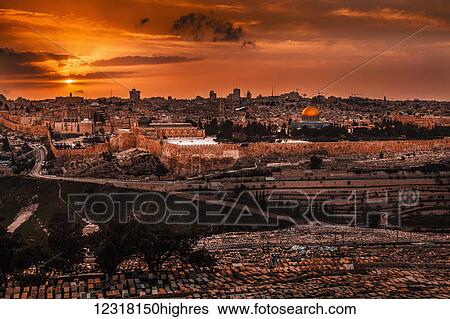 Stock Photograph - Cityscape of Jerusalem at sunset; Jerusalem, Israel. Fotosearch