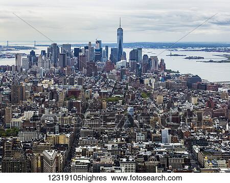 Stock Photograph - Cityscape of New York City and the rivers; New York City, New York, United States of America. Fotosearch
