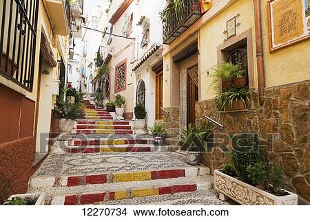 Colourful steps between residential buildings; Altea, Spain View Large Photo Image Picture - Colourful steps between residential buildings; Altea, Spain. Fotosearch