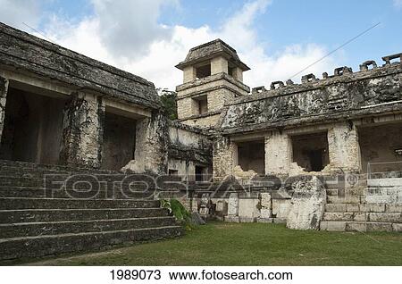 Stock Image - Courtyard And Tower Of The Palace, Palenque, Chiapas, Mexico. Fotosearch