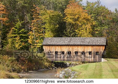 Stock Photograph - Covered bridge in Vermont during autumn; Hammondsville, Vermont, United States of America. Fotosearch